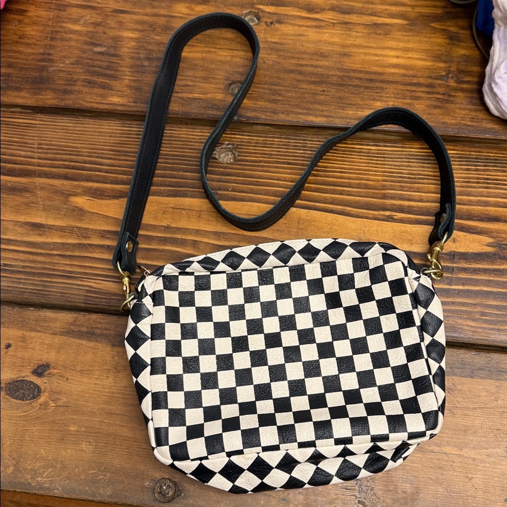 Clare V Checkered Black/Cream Midi Sac with a black shoulder strap